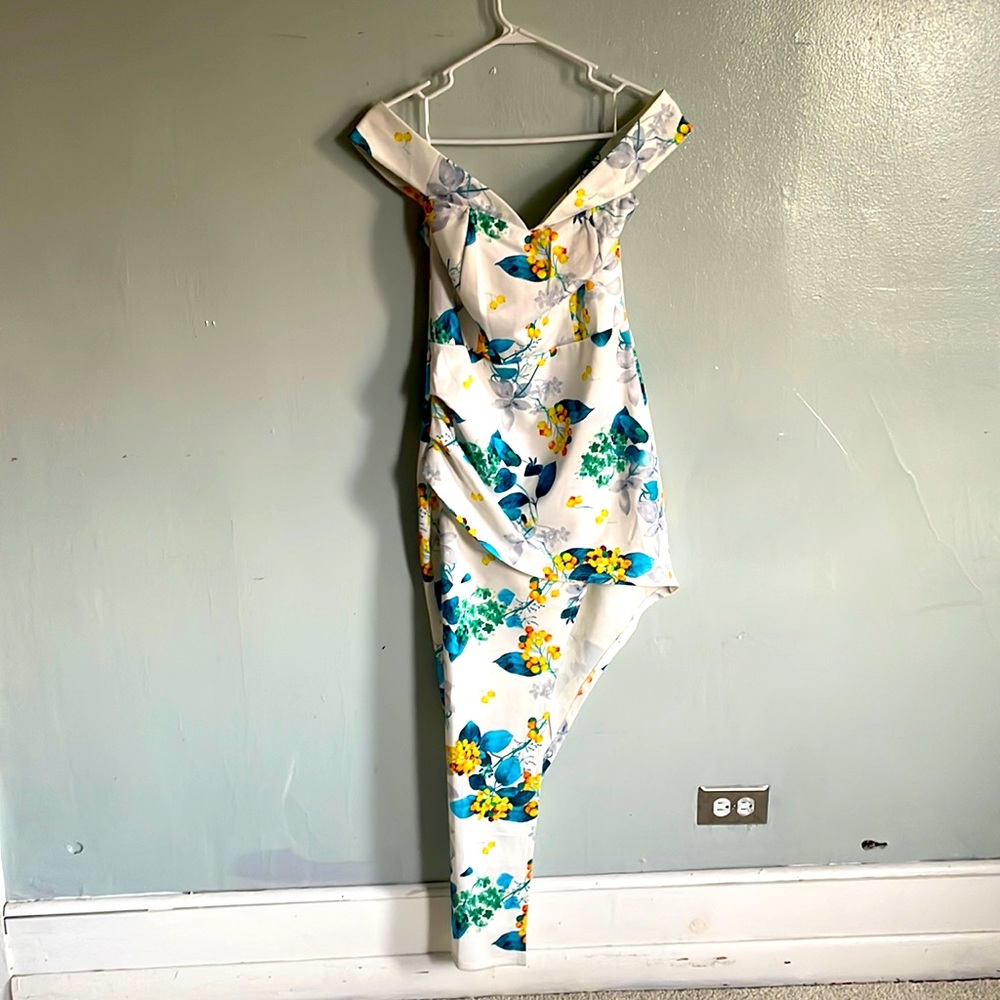 Fashion Nova off the shoulder, floral, white angled cut dress